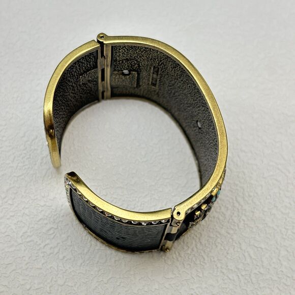 Heidi Daus Art Deco Wide Cuff Bracelet Black Leather Look Rhinestone Turquoise - Picture 6 of 10